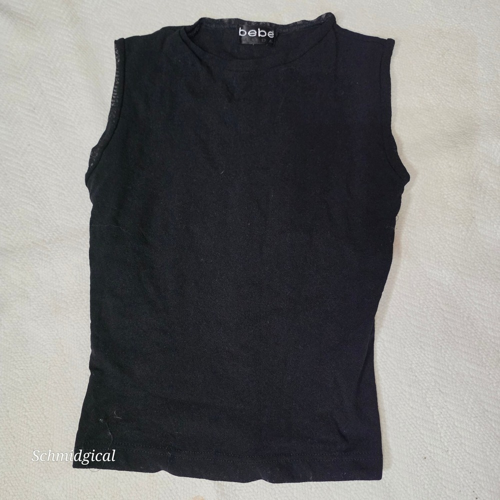 Bebe Vintage Black Double Lined Sheer Mesh Stretchy Sleeveless Top Crew Neck